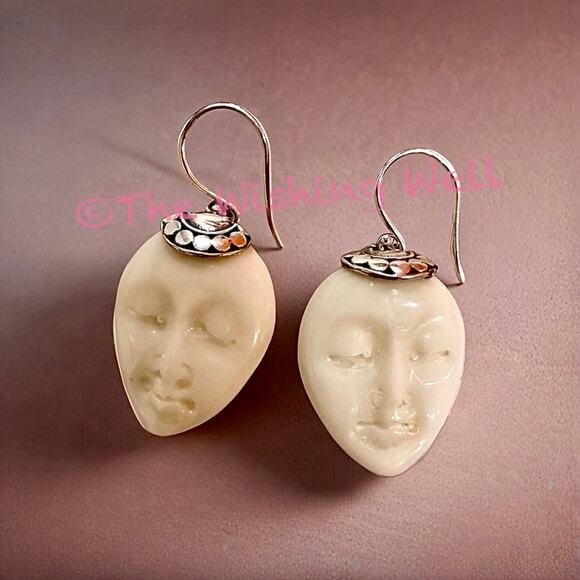Resin Carved Goddess Face Sterling 925 Earrings - Picture 5 of 6